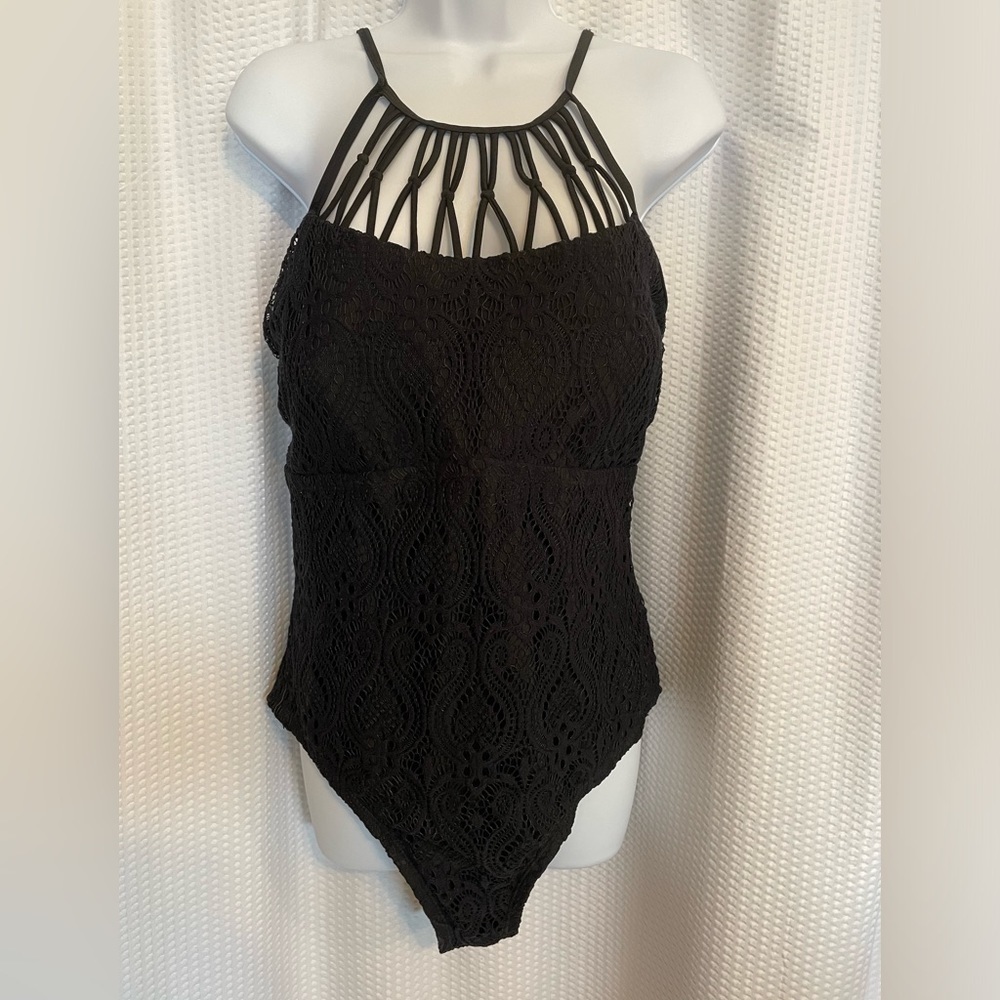 Playa Swim black lace one piece swimsuit size large